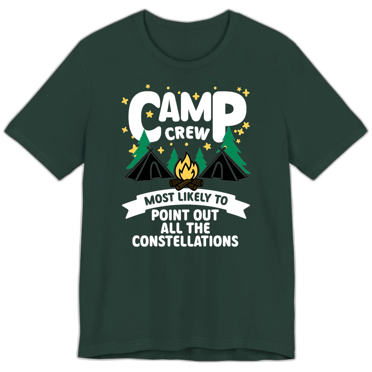 Camp crew constellation design showing campfire, tents, trees and stars with text about pointing out constellations in Forest