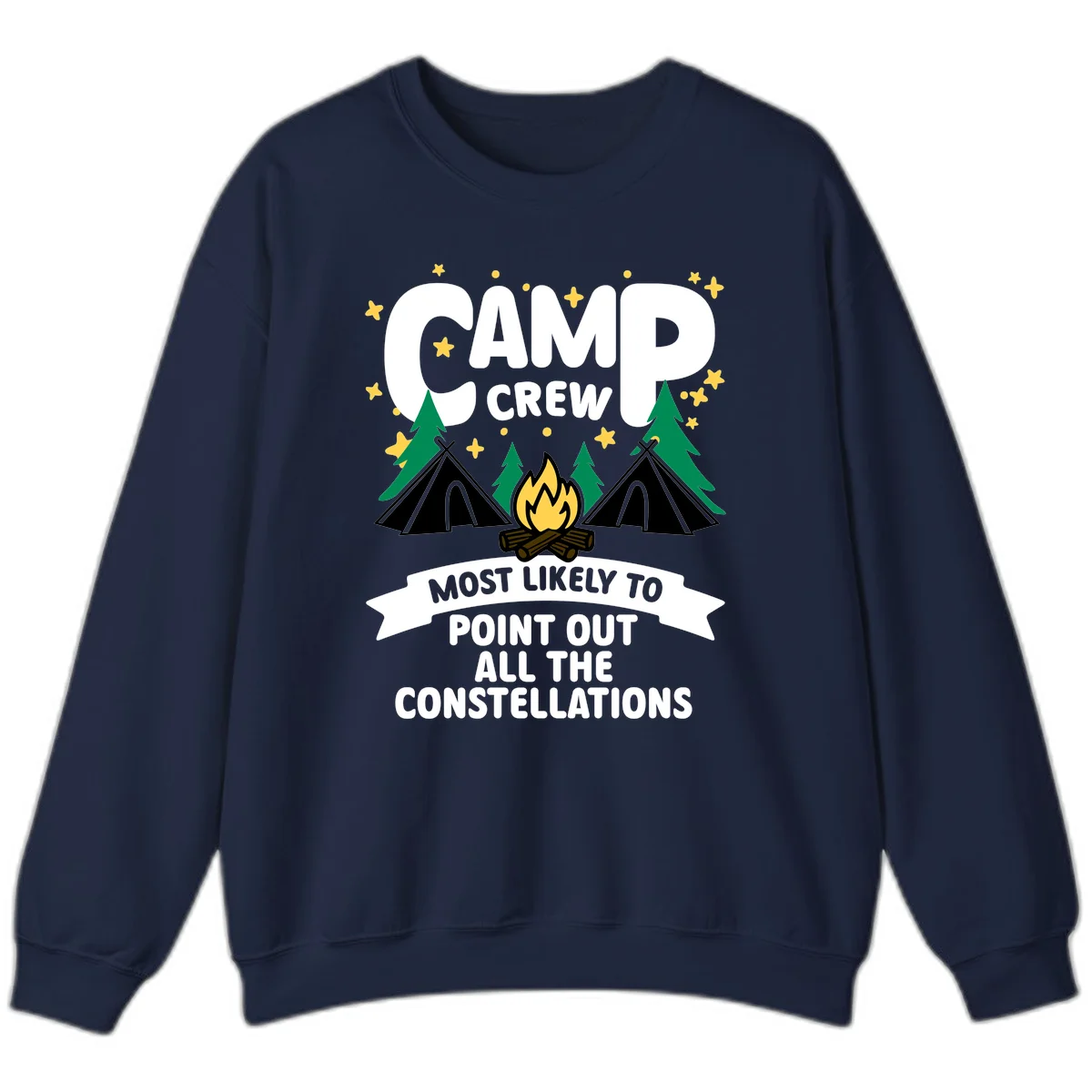 Camp crew constellation design showing campfire, tents, trees and stars with text about pointing out constellations in Navy