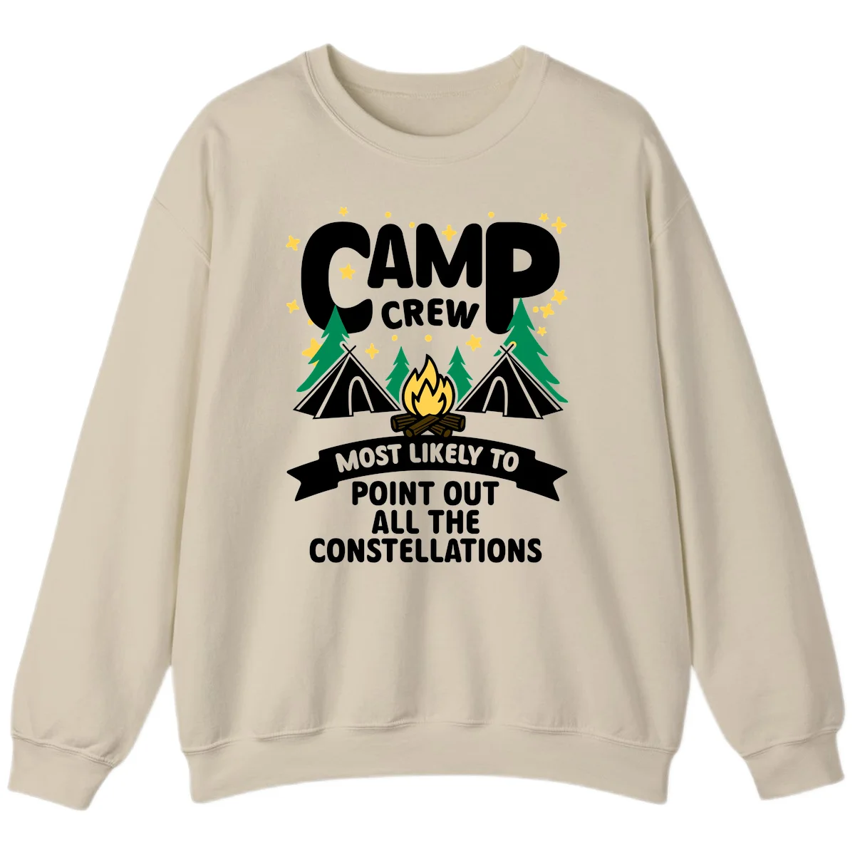 Camp crew constellation design showing campfire, tents, trees and stars with text about pointing out constellations in Sand