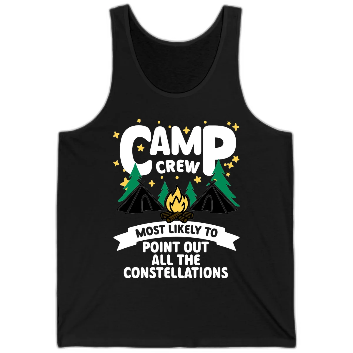 Camp crew constellation design showing campfire, tents, trees and stars with text about pointing out constellations in Black