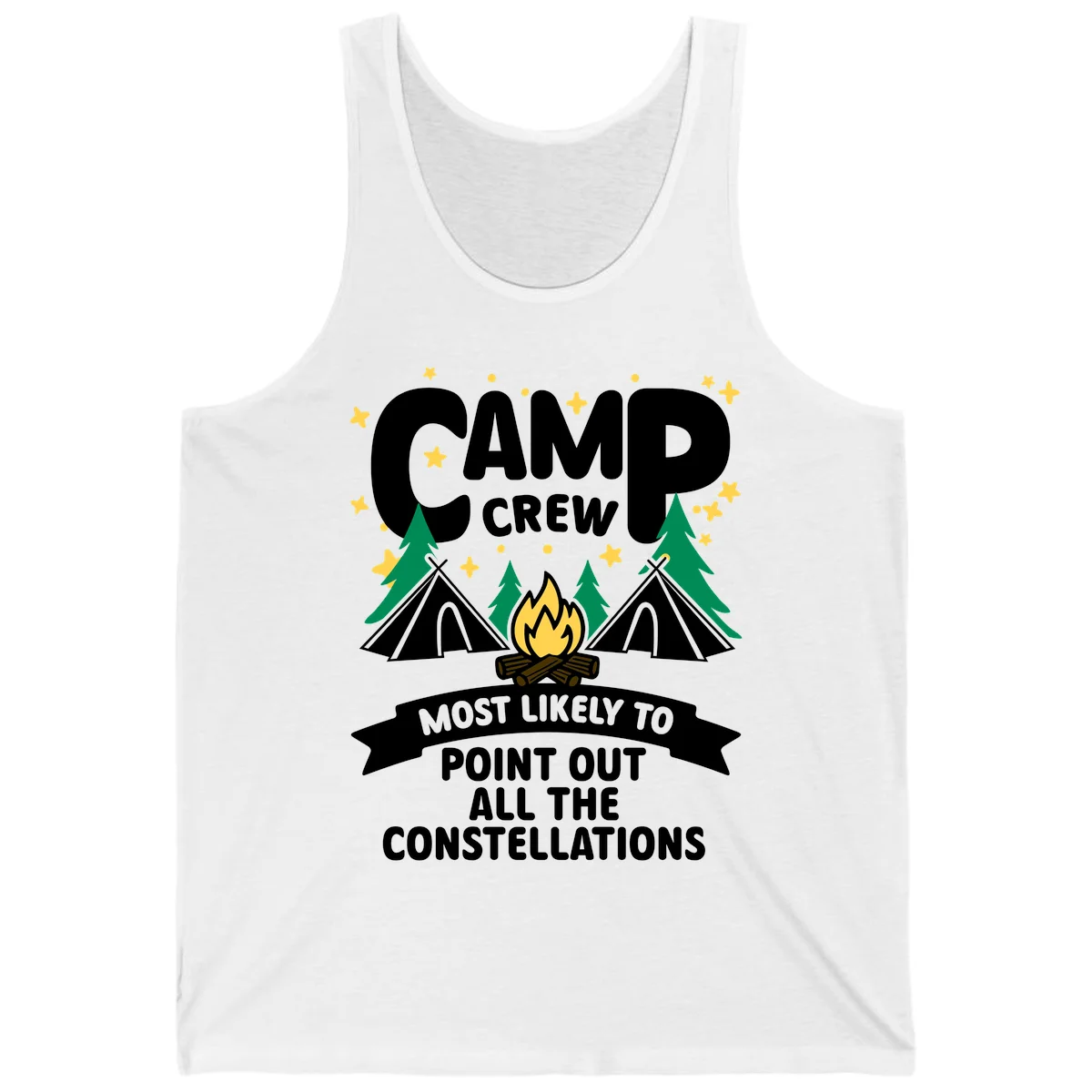 Camp crew constellation design showing campfire, tents, trees and stars with text about pointing out constellations in White