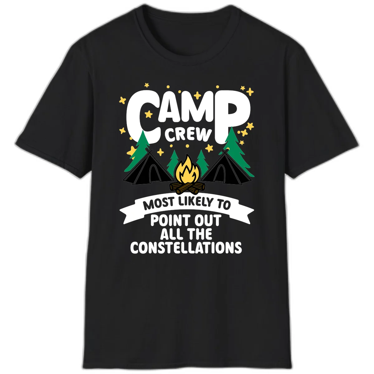 Camp crew constellation design showing campfire, tents, trees and stars with text about pointing out constellations in Black
