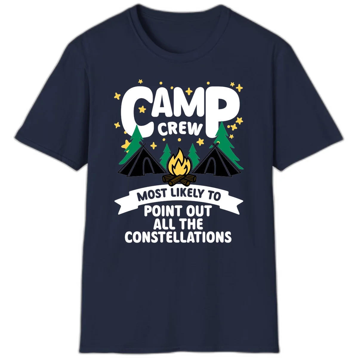 Camp crew constellation design showing campfire, tents, trees and stars with text about pointing out constellations in Navy