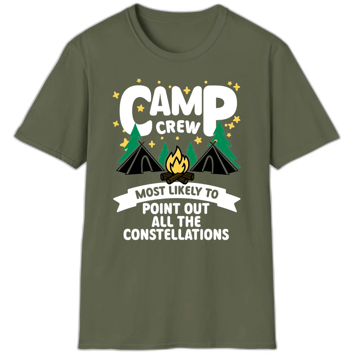 Camp crew constellation design showing campfire, tents, trees and stars with text about pointing out constellations in Military Green
