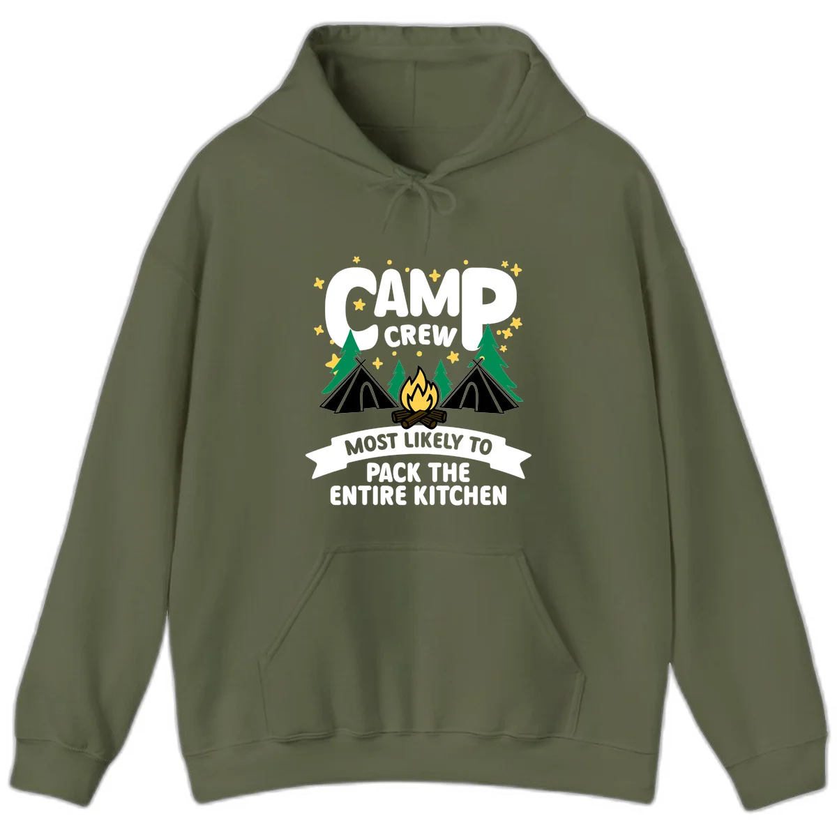 Camp crew design with teepees, campfire, and stars, text reads 'Most Likely To Pack The Entire Kitchen' in Military Green