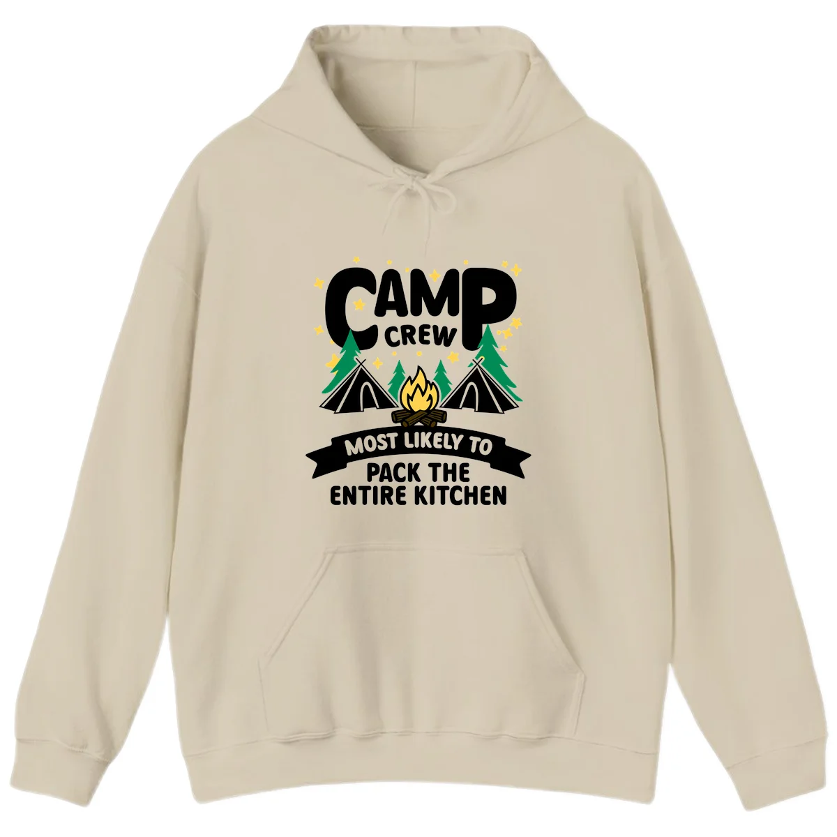 Camp crew design with teepees, campfire, and stars, text reads 'Most Likely To Pack The Entire Kitchen' in Sand