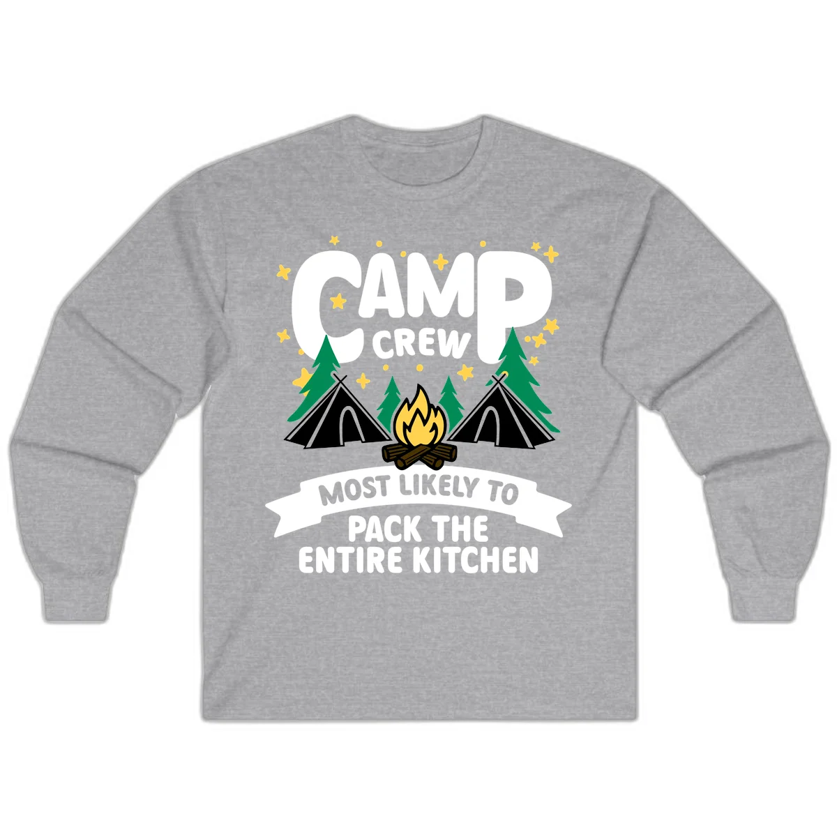Camp crew design with teepees, campfire, and stars, text reads 'Most Likely To Pack The Entire Kitchen' in Sport Grey
