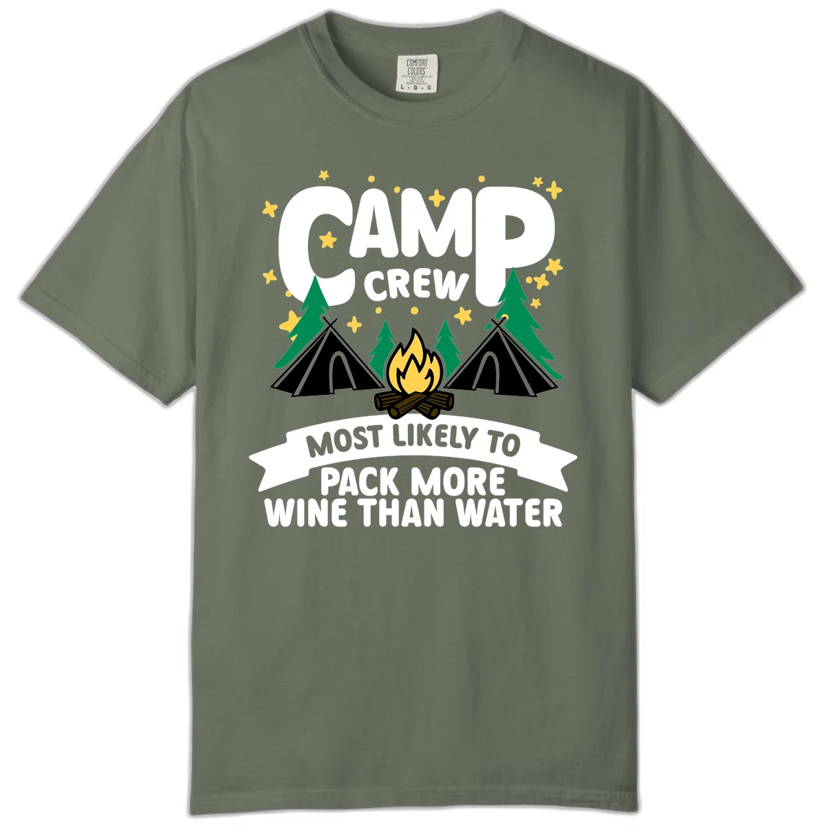 Camp crew design with campfire, tents, and stars featuring text about packing more wine than water in Moss