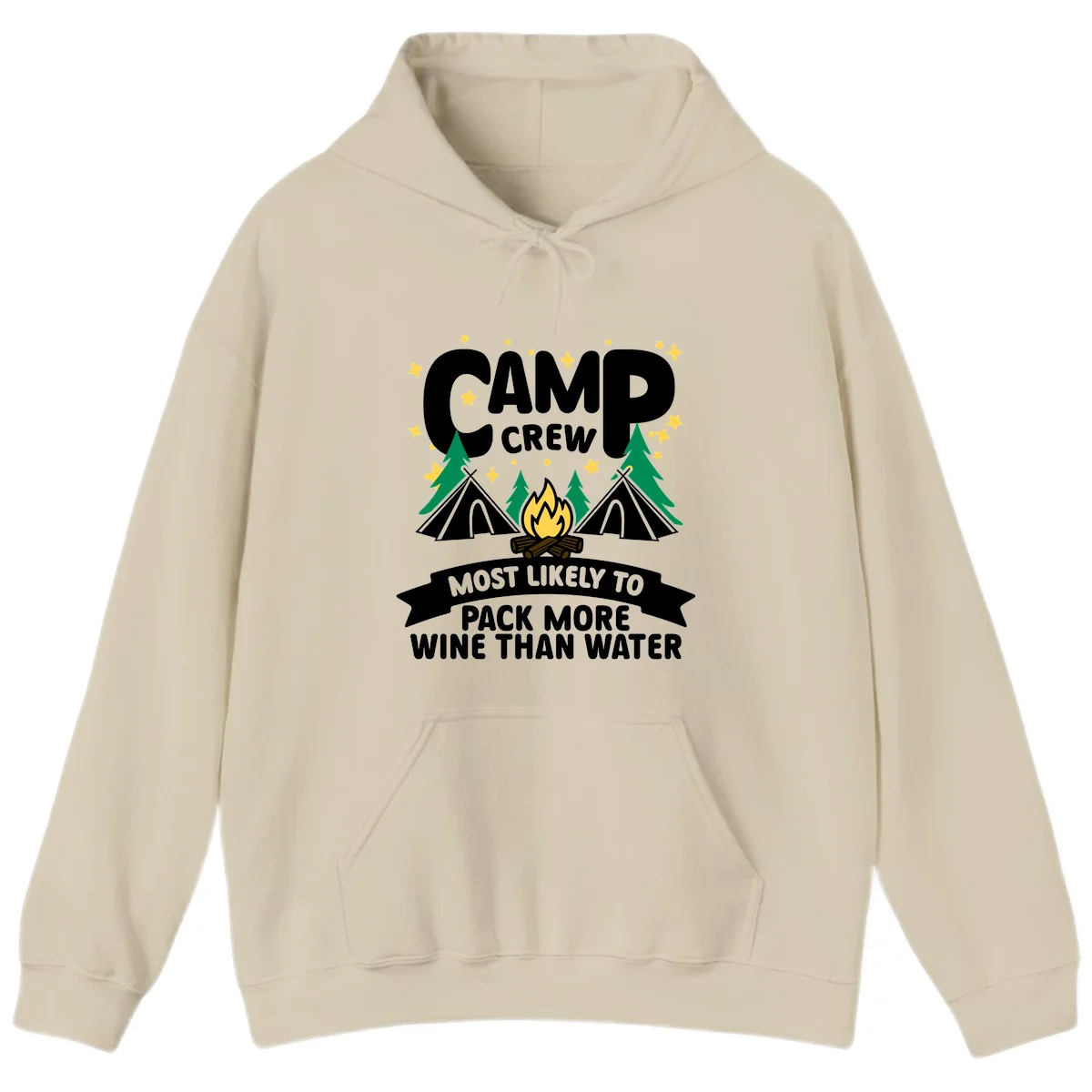 Camp crew design with campfire, tents, and stars featuring text about packing more wine than water in Sand