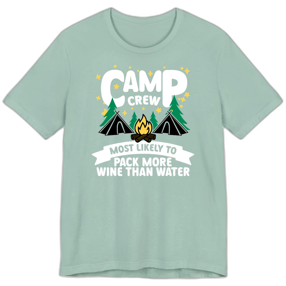 Camp crew design with campfire, tents, and stars featuring text about packing more wine than water in Dusty Blue