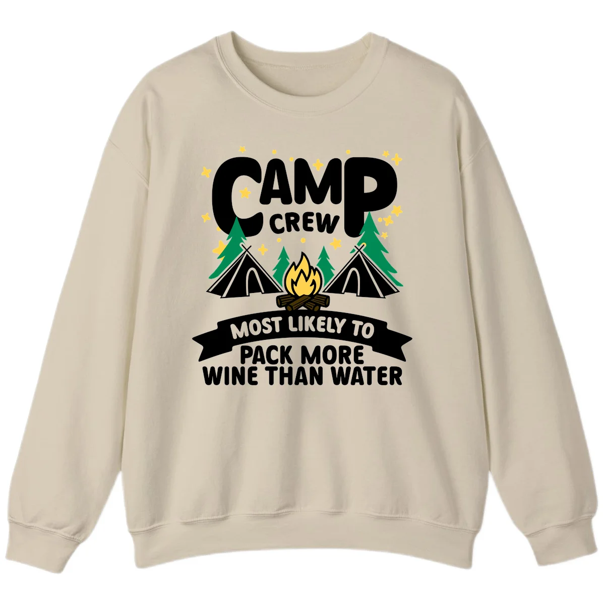 Camp crew design with campfire, tents, and stars featuring text about packing more wine than water in Sand