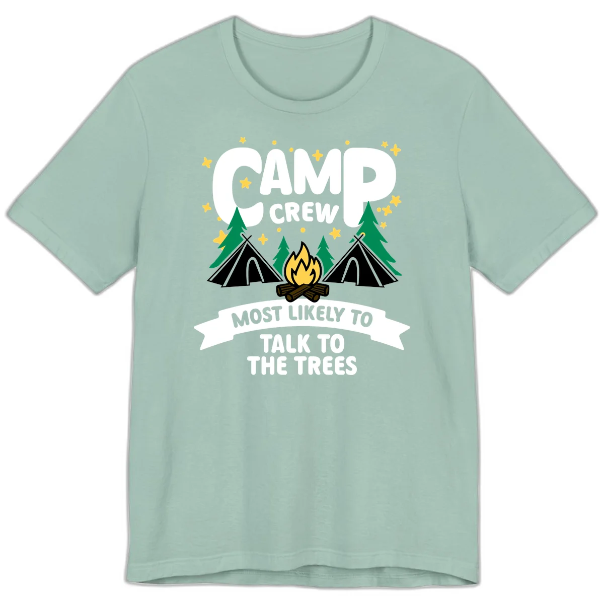 Camp crew most likely to talk to the trees design with campfire, teepees, and pine trees surrounded by stars in Dusty Blue