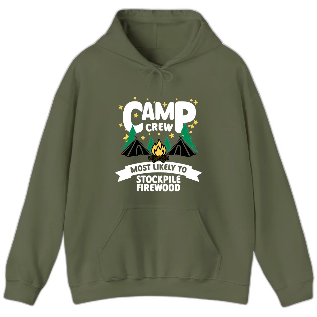 Camp crew firewood superlative design with campfire, tents, and evergreen trees on gray background with stars in Military Green