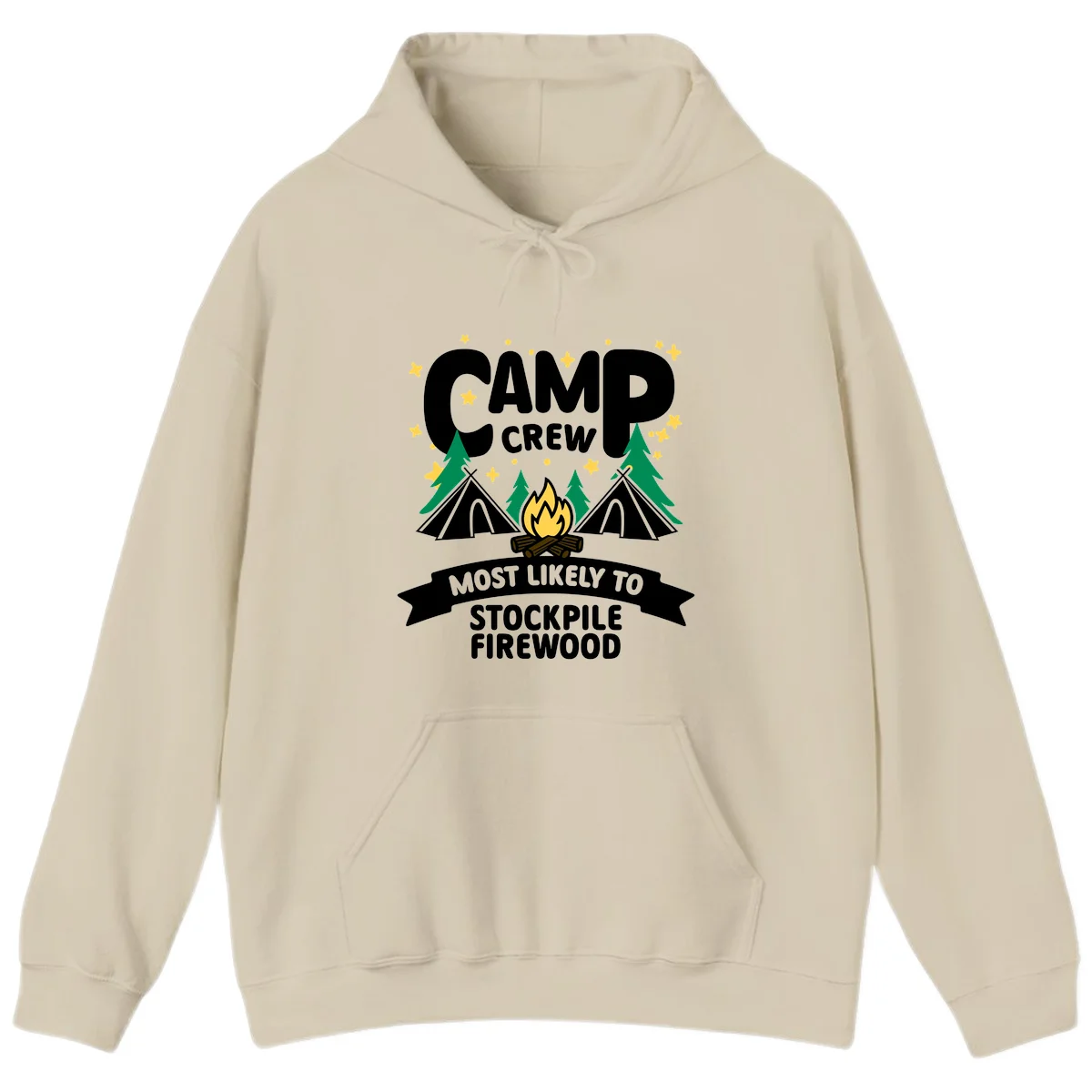 Camp crew firewood superlative design with campfire, tents, and evergreen trees on gray background with stars in Sand