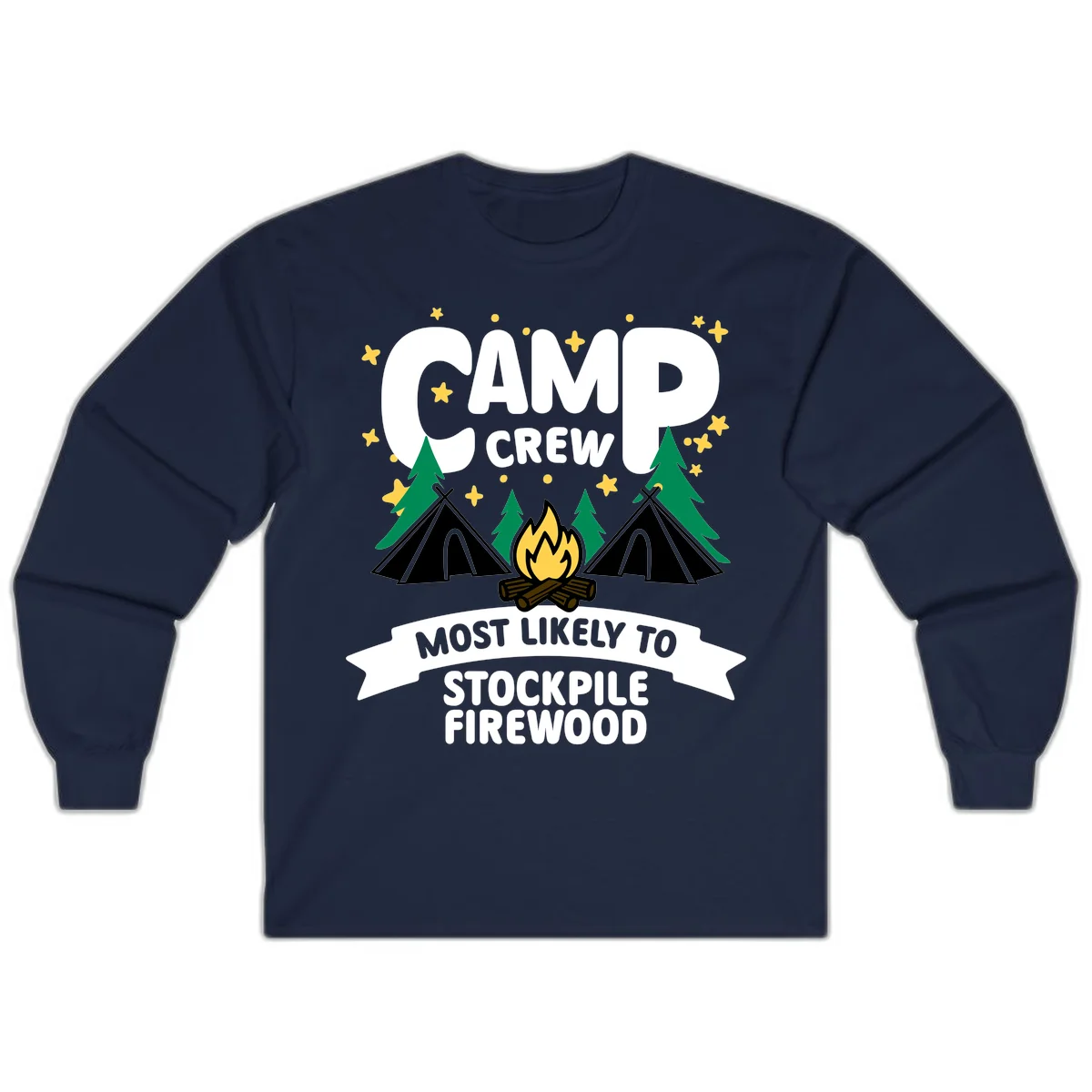 Camp crew firewood superlative design with campfire, tents, and evergreen trees on gray background with stars in Navy