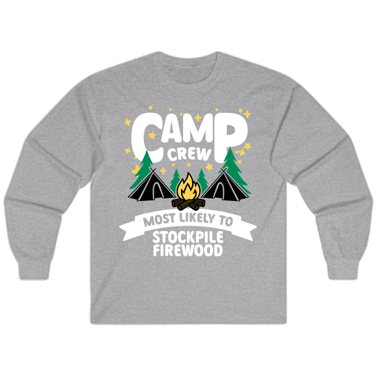 Camp crew firewood superlative design with campfire, tents, and evergreen trees on gray background with stars in Sport Grey