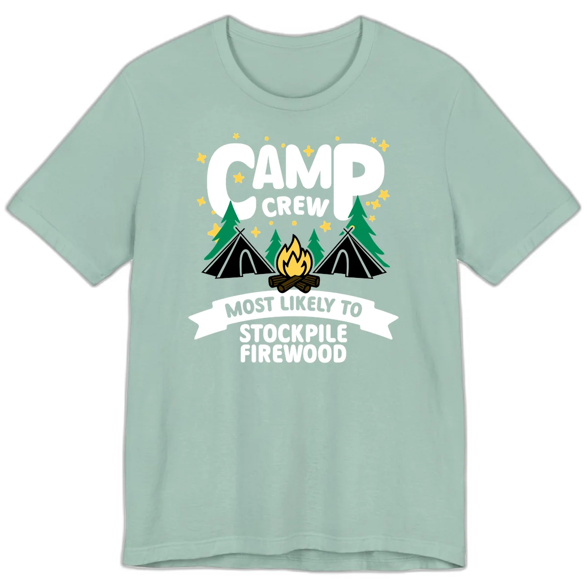 Camp crew firewood superlative design with campfire, tents, and evergreen trees on gray background with stars in Dusty Blue