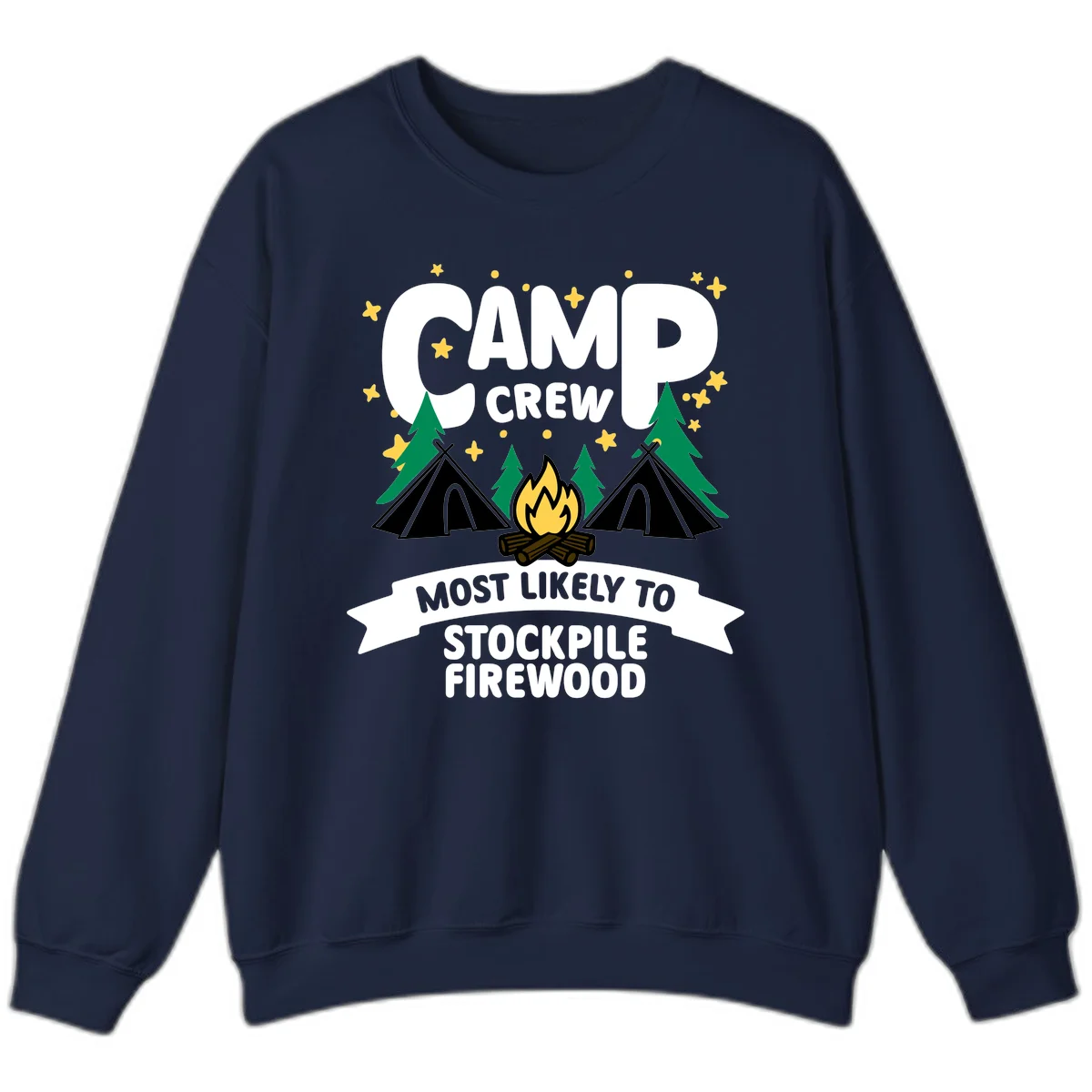 Camp crew firewood superlative design with campfire, tents, and evergreen trees on gray background with stars in Navy