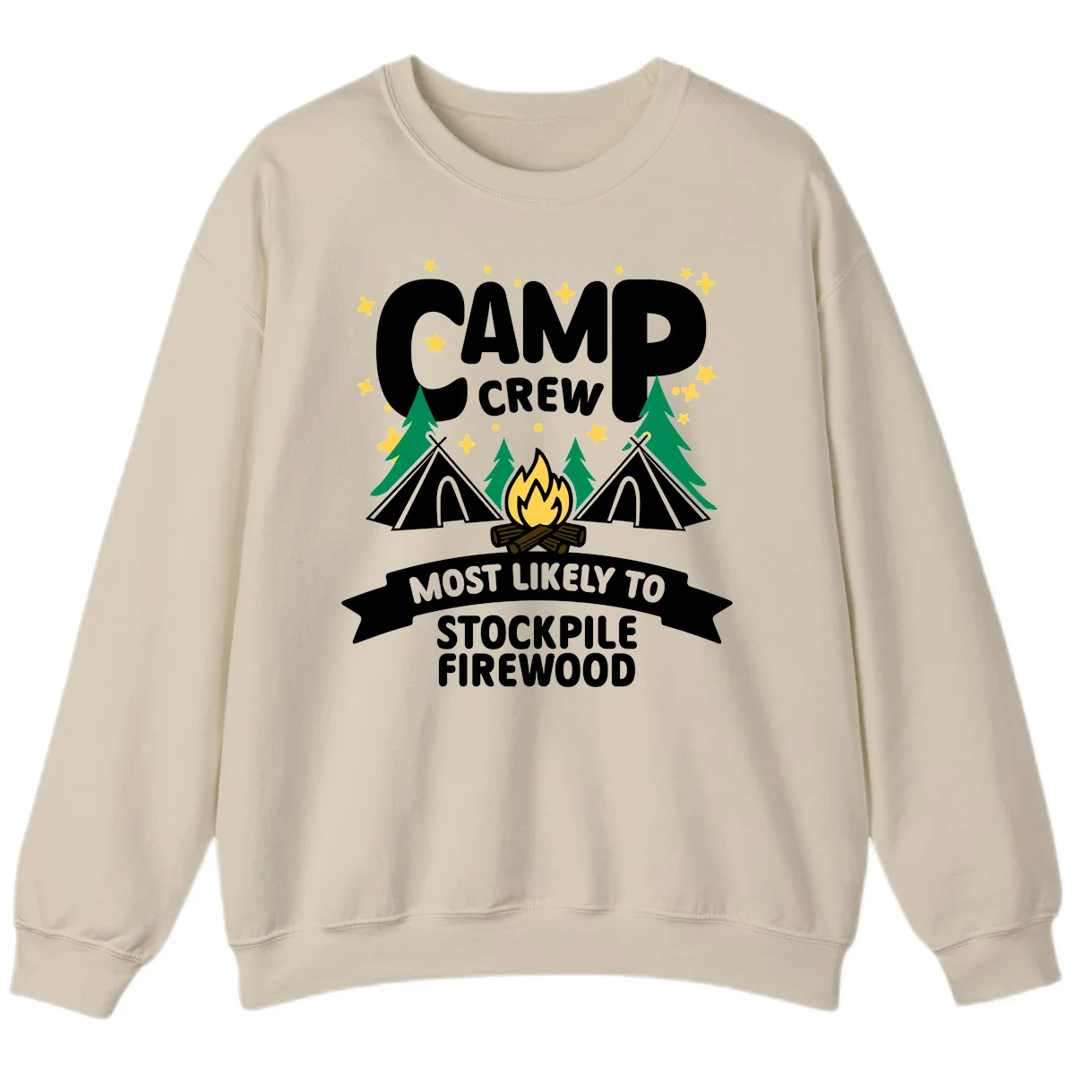 Camp crew firewood superlative design with campfire, tents, and evergreen trees on gray background with stars in Sand