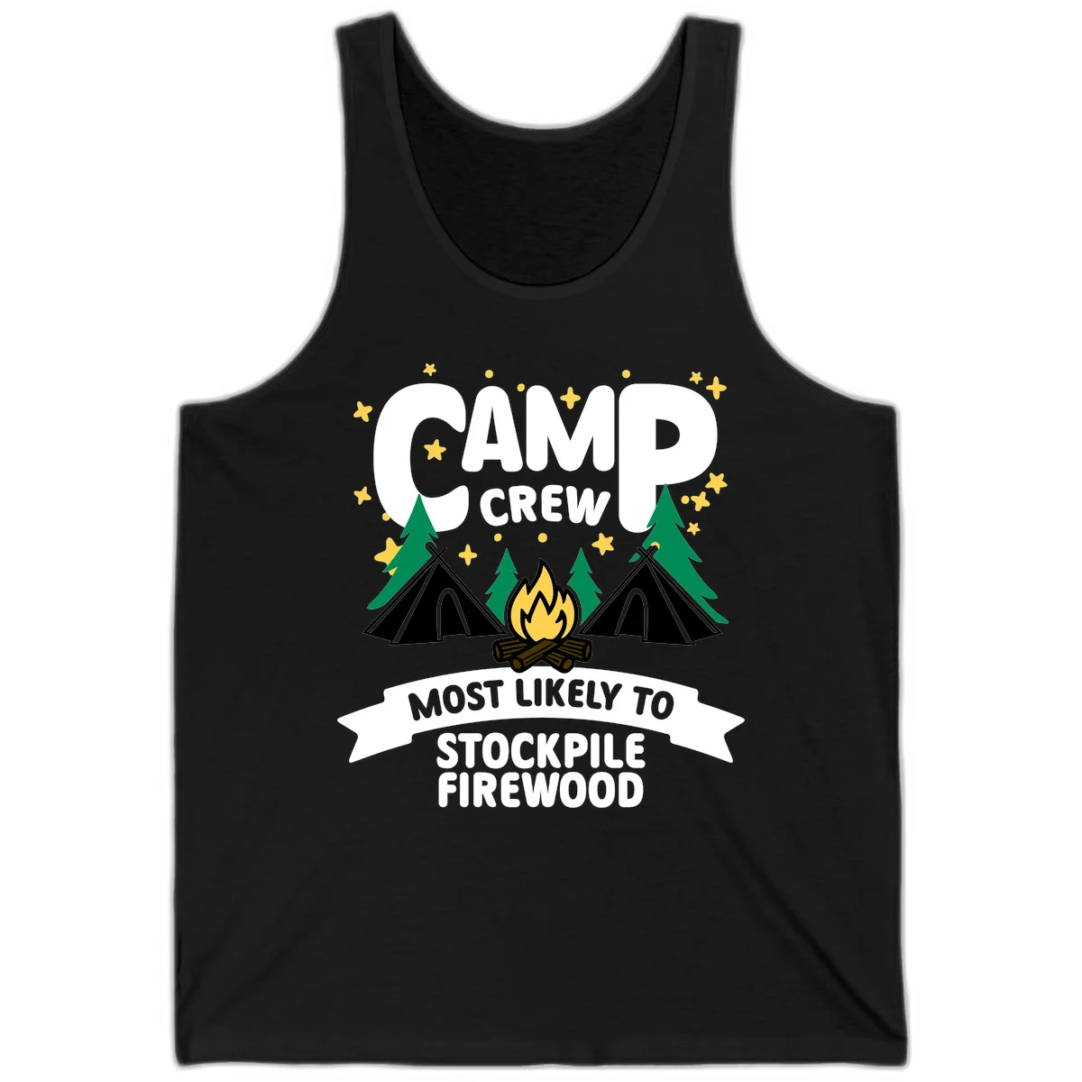 Camp crew firewood superlative design with campfire, tents, and evergreen trees on gray background with stars in Black