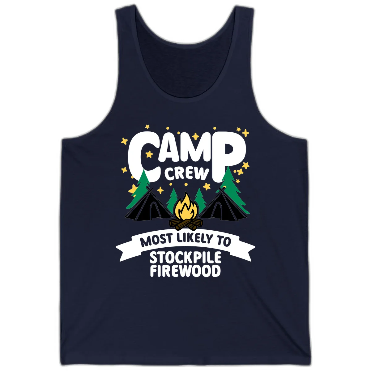 Camp crew firewood superlative design with campfire, tents, and evergreen trees on gray background with stars in Navy