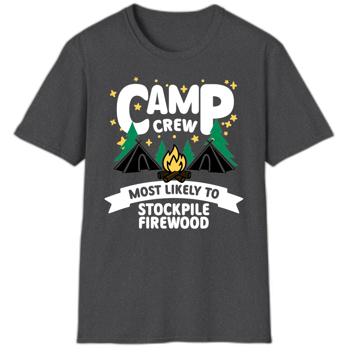 Camp crew firewood superlative design with campfire, tents, and evergreen trees on gray background with stars in Dark Heather
