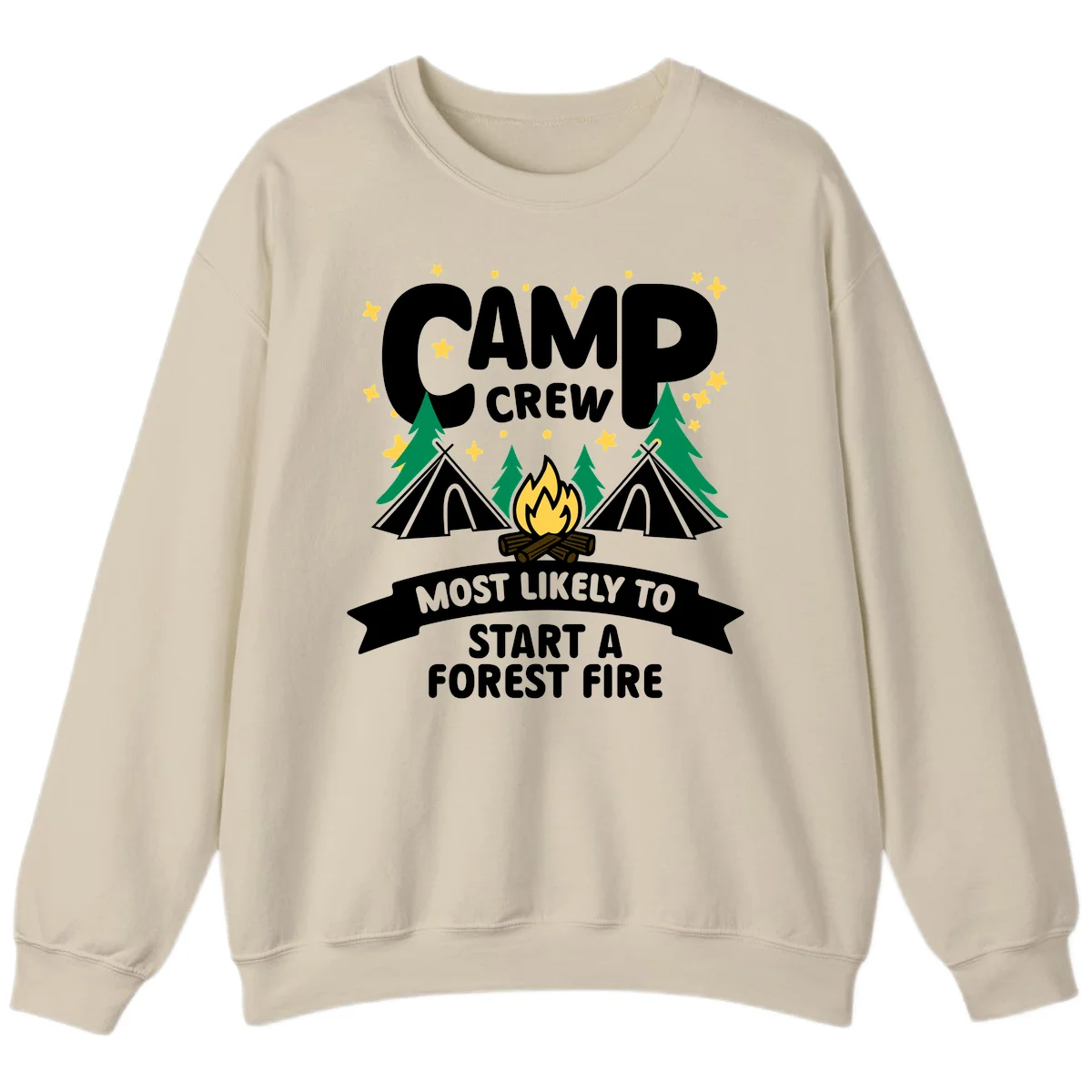 Camp Crew Most Likely to Start a Forest Fire design with campfire, tents, trees, and stars on gray background in Sand