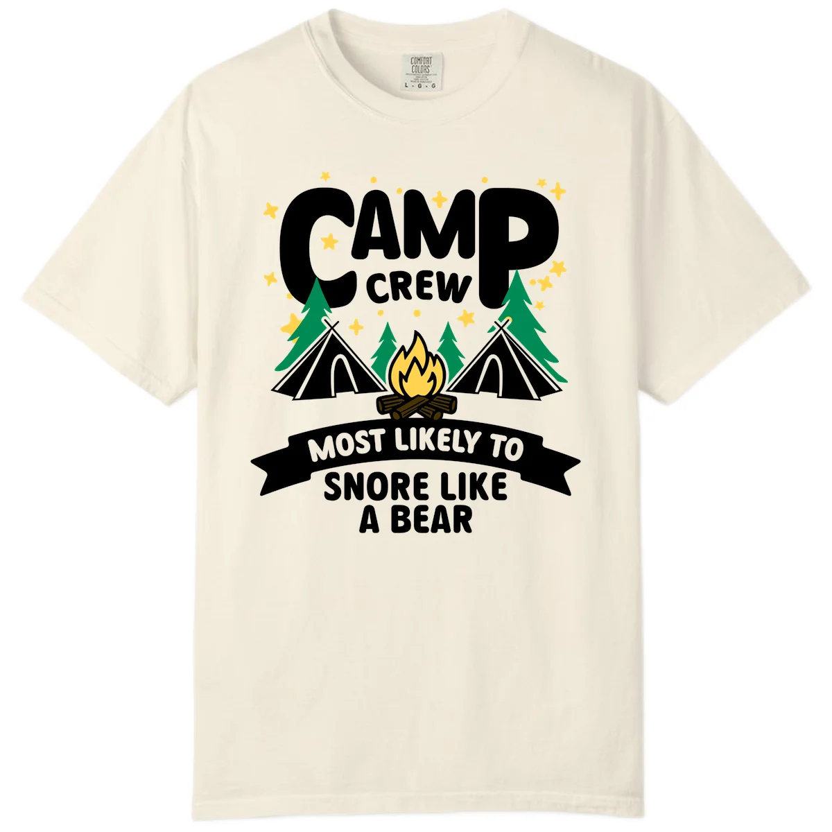 Camp Crew Snore Like A Bear design with teepees, campfire, trees, and stars on gray background in Ivory