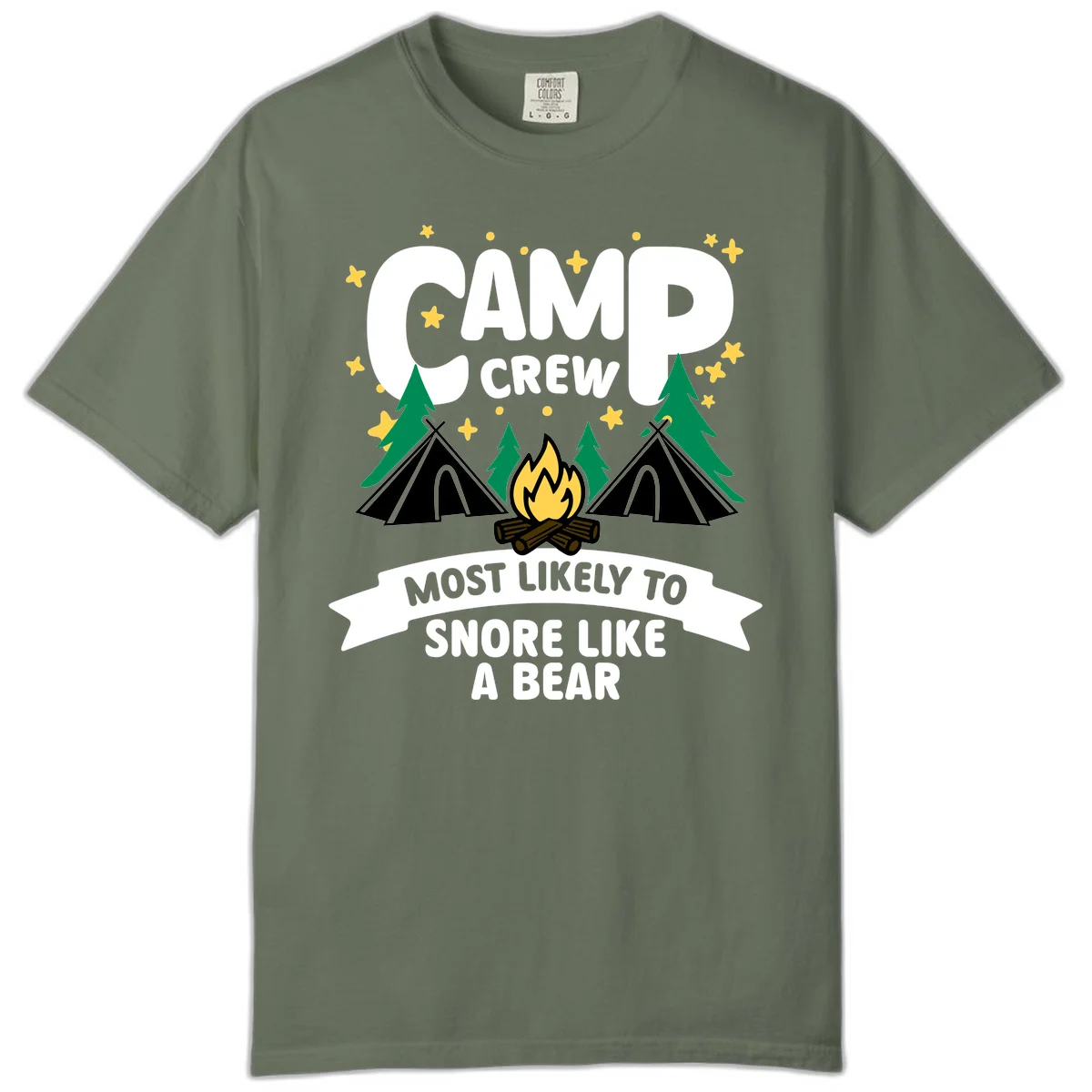 Camp Crew Snore Like A Bear design with teepees, campfire, trees, and stars on gray background in Moss