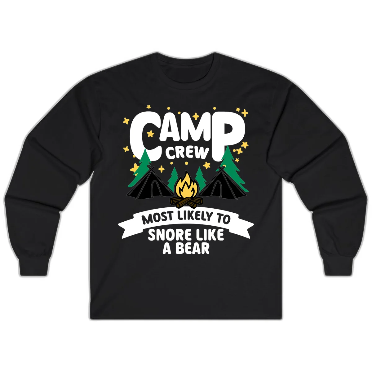 Camp Crew Snore Like A Bear design with teepees, campfire, trees, and stars on gray background in Black