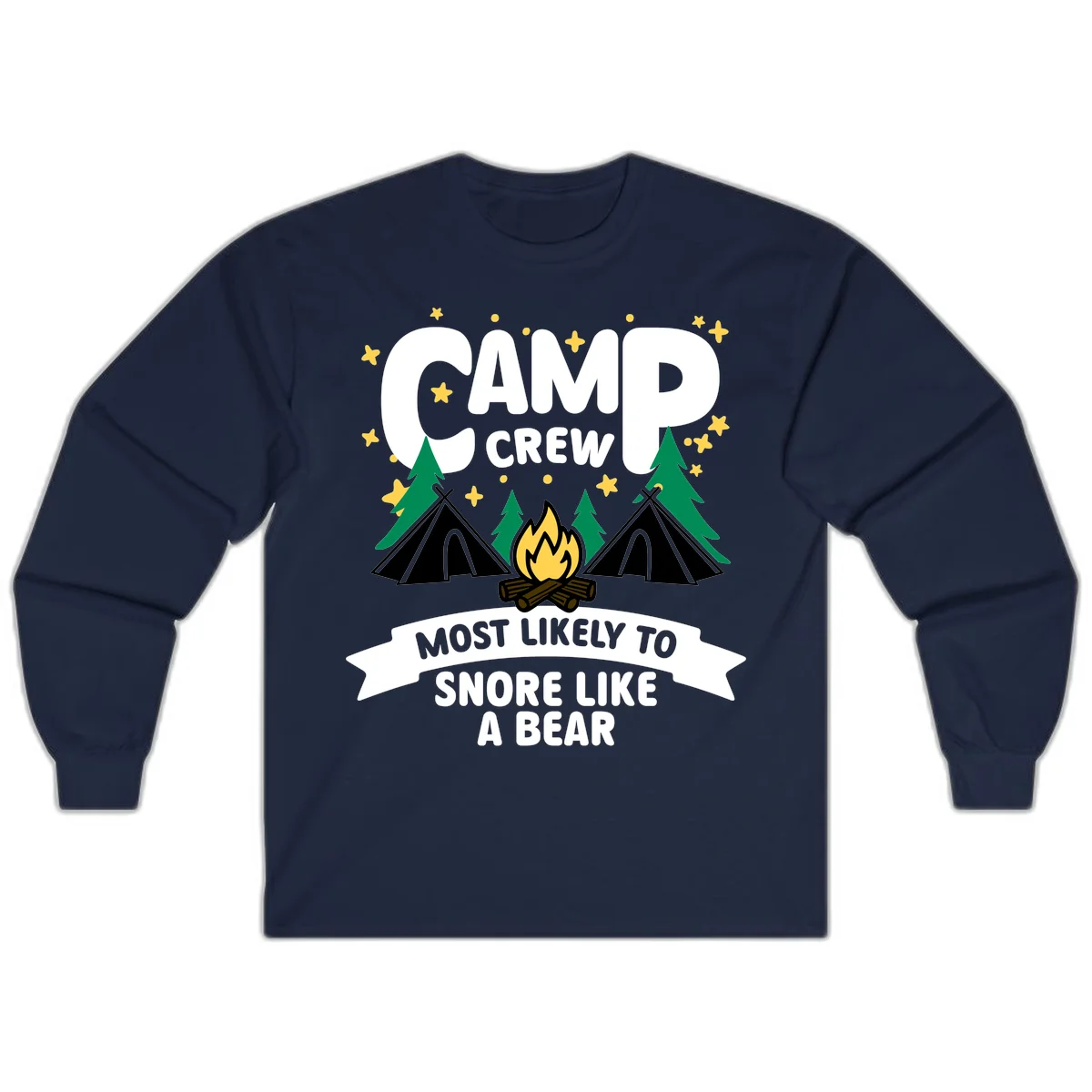 Camp Crew Snore Like A Bear design with teepees, campfire, trees, and stars on gray background in Navy