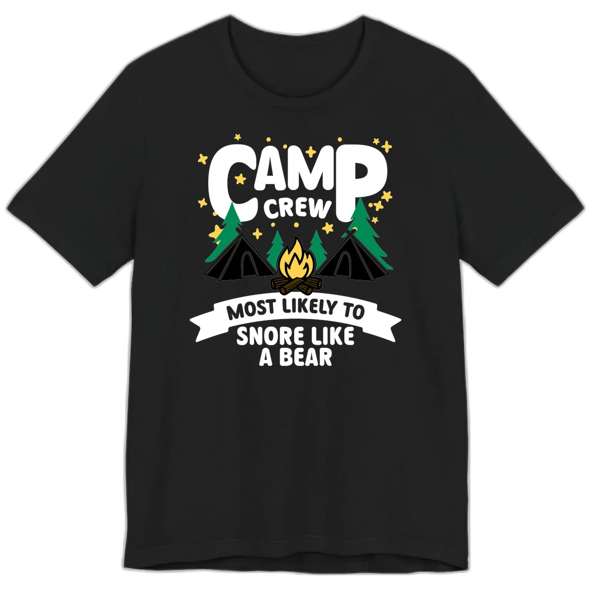 Camp Crew Snore Like A Bear design with teepees, campfire, trees, and stars on gray background in Black