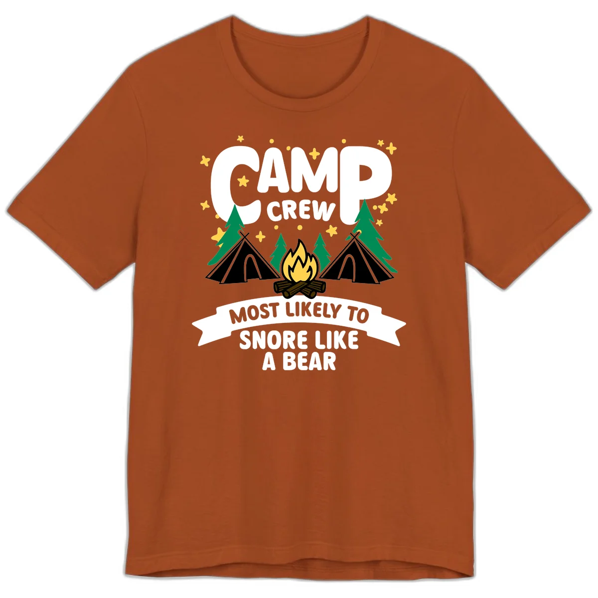 Camp Crew Snore Like A Bear design with teepees, campfire, trees, and stars on gray background in Autumn