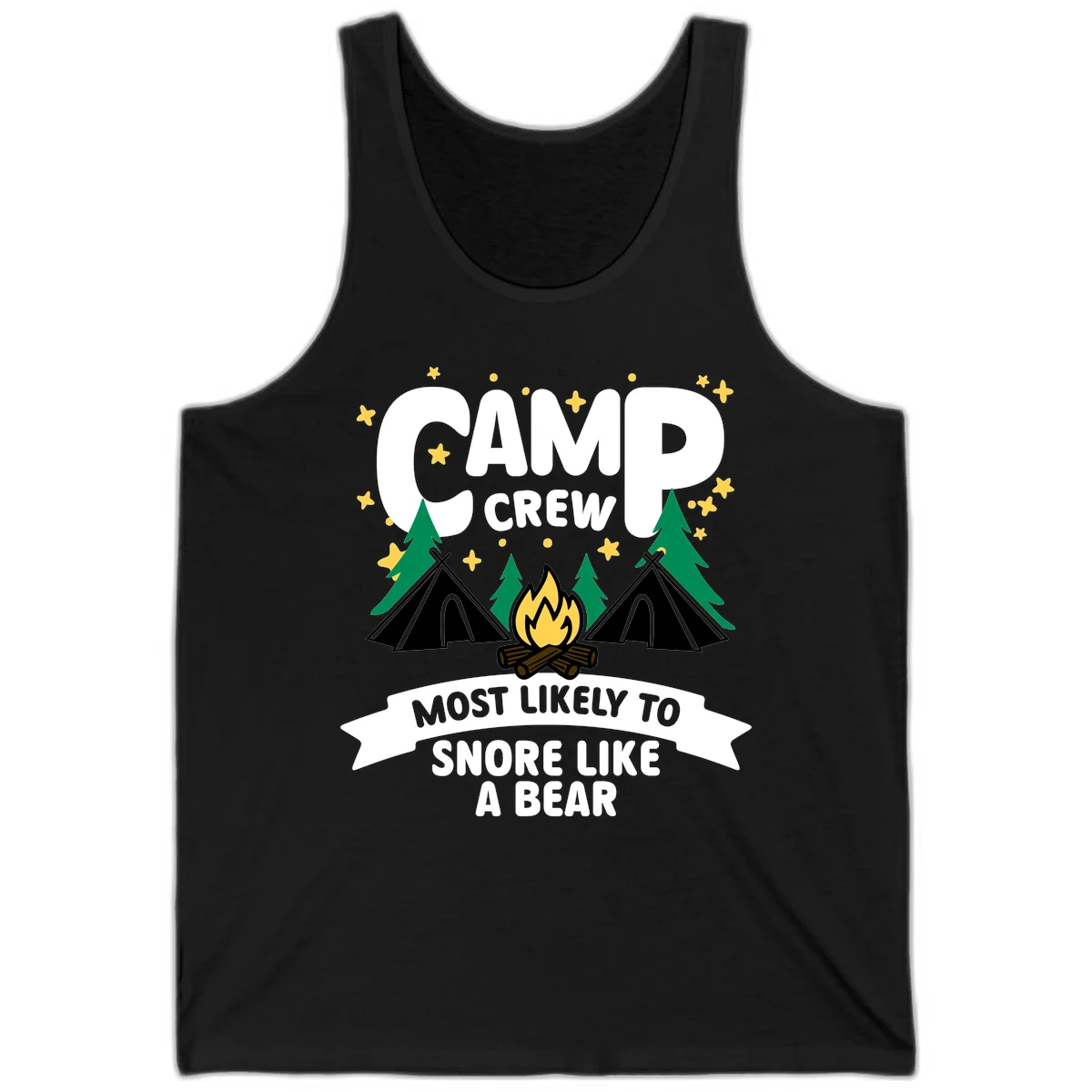 Camp Crew Snore Like A Bear design with teepees, campfire, trees, and stars on gray background in Black