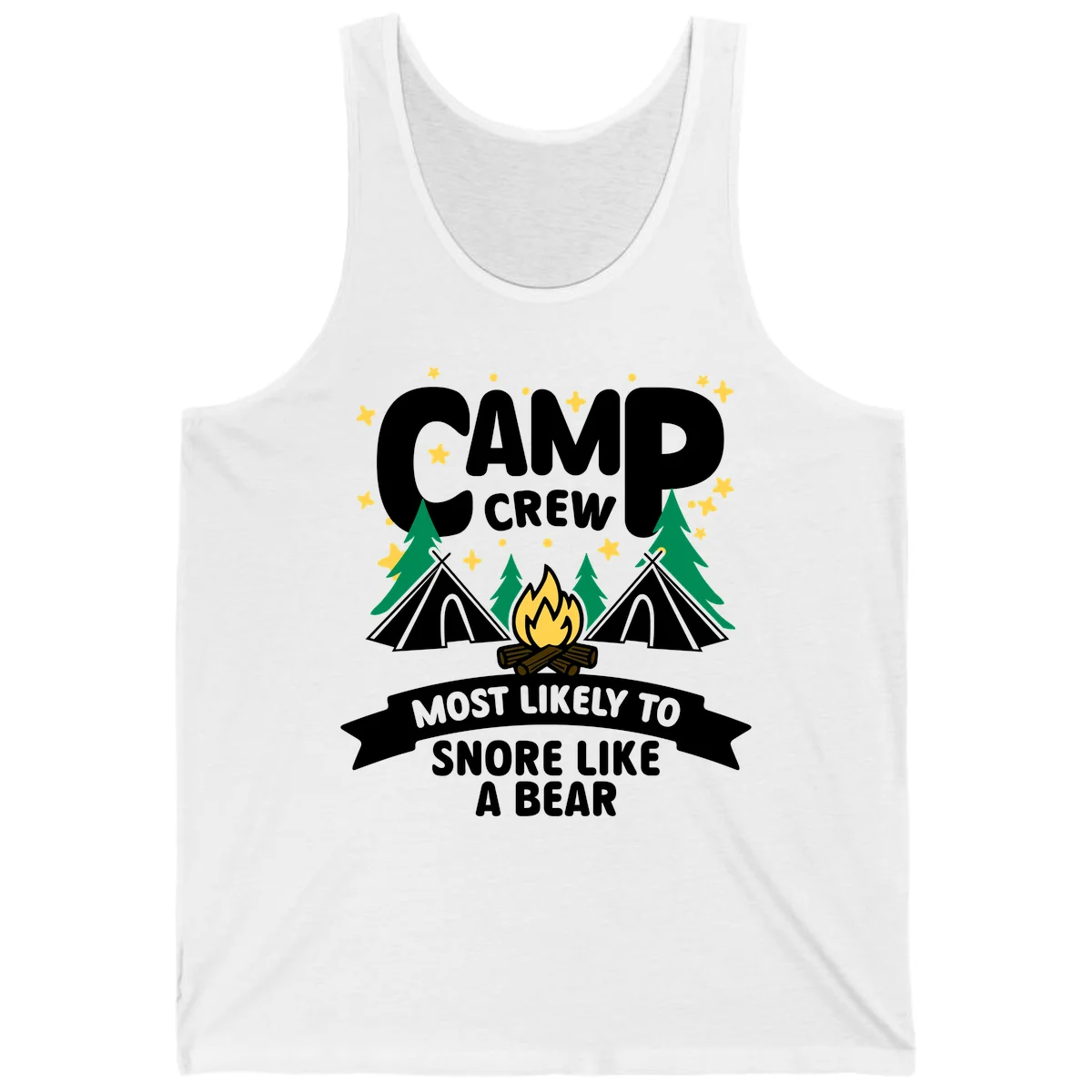 Camp Crew Snore Like A Bear design with teepees, campfire, trees, and stars on gray background in White