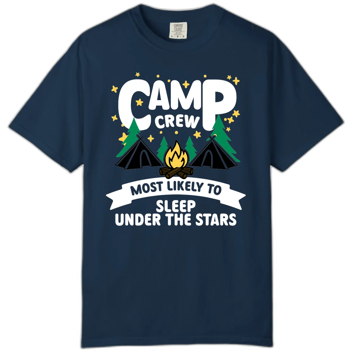 Camp crew campfire design with tents and stars. Text reads 'Most Likely To Sleep Under The Stars' in True Navy