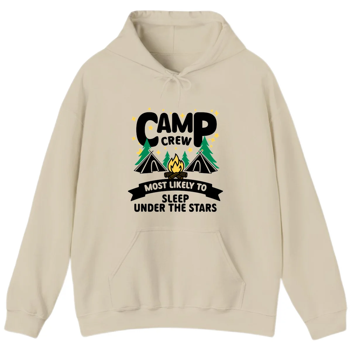 Camp crew campfire design with tents and stars. Text reads 'Most Likely To Sleep Under The Stars' in Sand