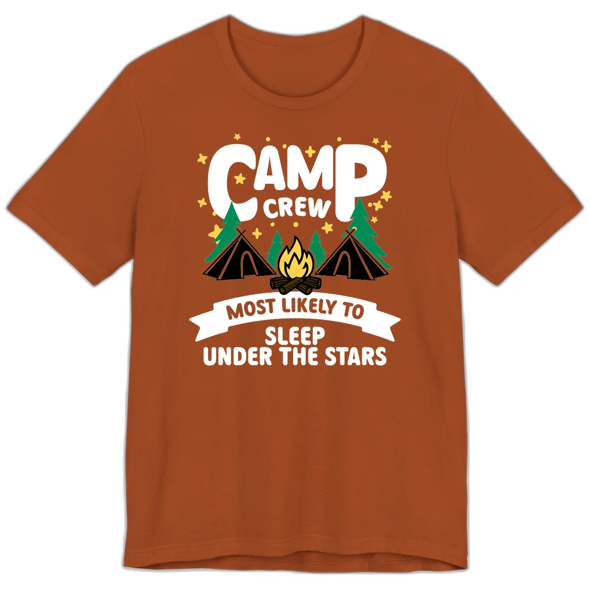 Camp crew campfire design with tents and stars. Text reads 'Most Likely To Sleep Under The Stars' in Autumn