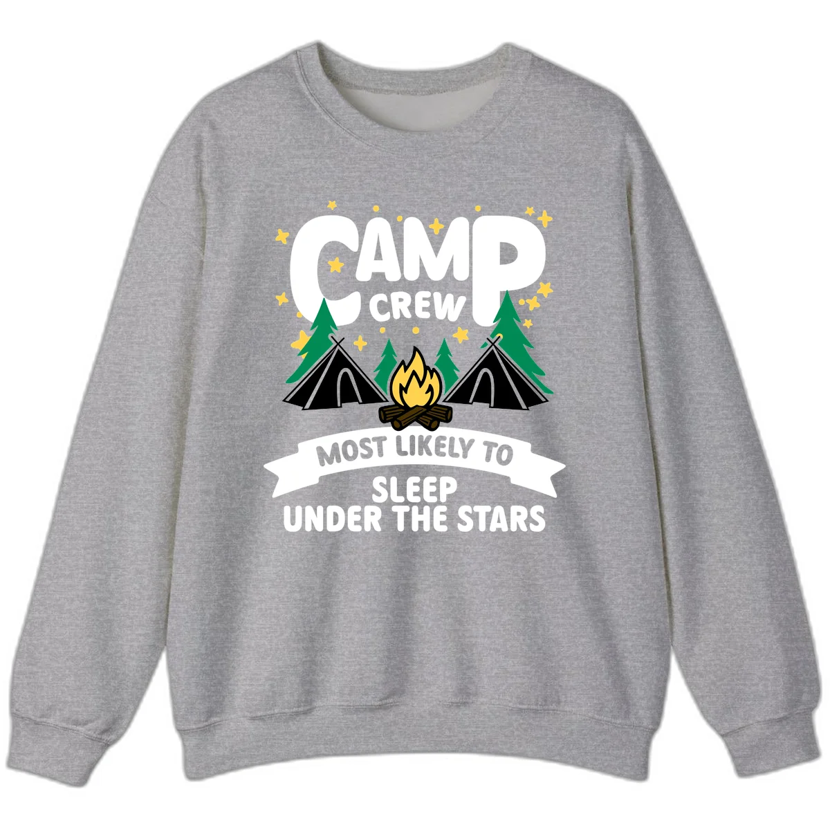 Camp crew campfire design with tents and stars. Text reads 'Most Likely To Sleep Under The Stars' in Sport Grey