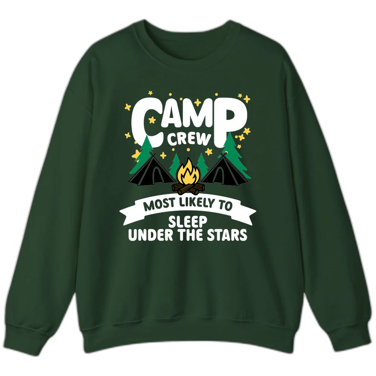 Camp crew campfire design with tents and stars. Text reads 'Most Likely To Sleep Under The Stars' in Forest Green