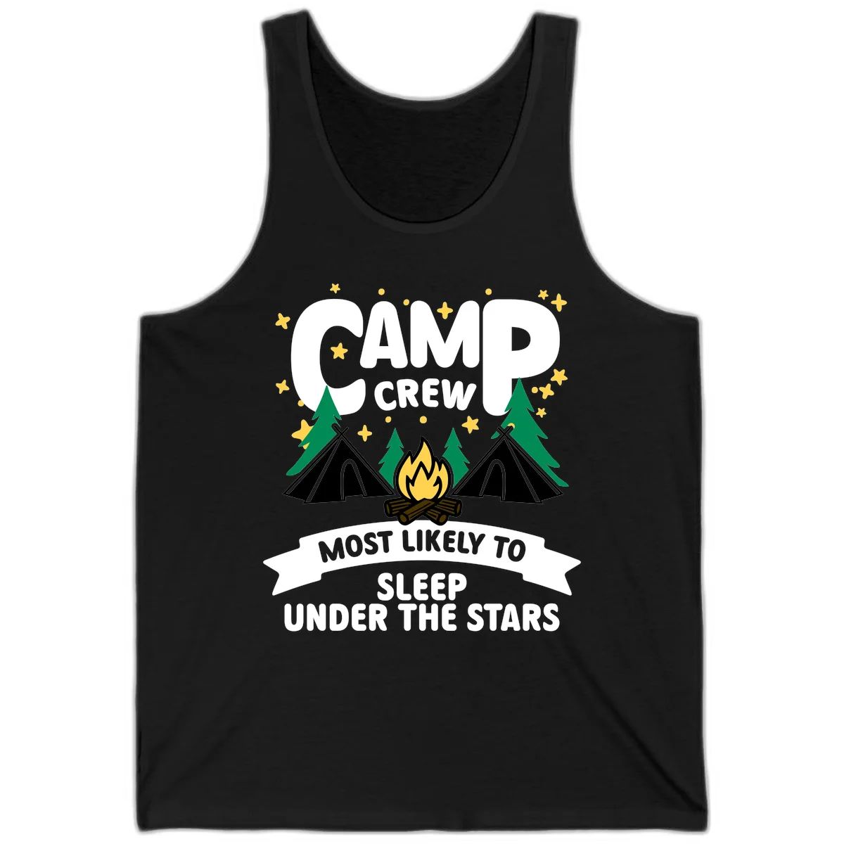 Camp crew campfire design with tents and stars. Text reads 'Most Likely To Sleep Under The Stars' in Black