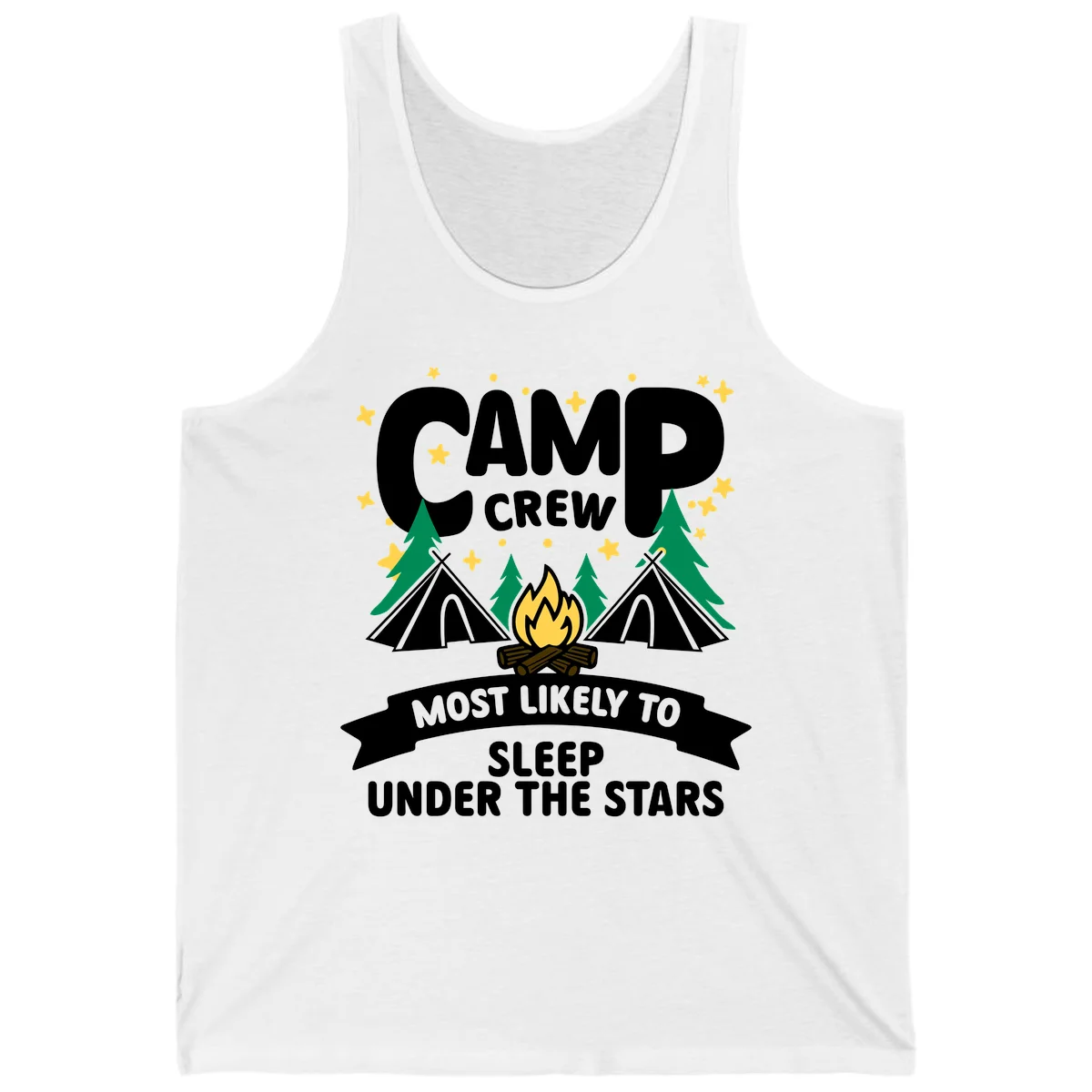 Camp crew campfire design with tents and stars. Text reads 'Most Likely To Sleep Under The Stars' in White