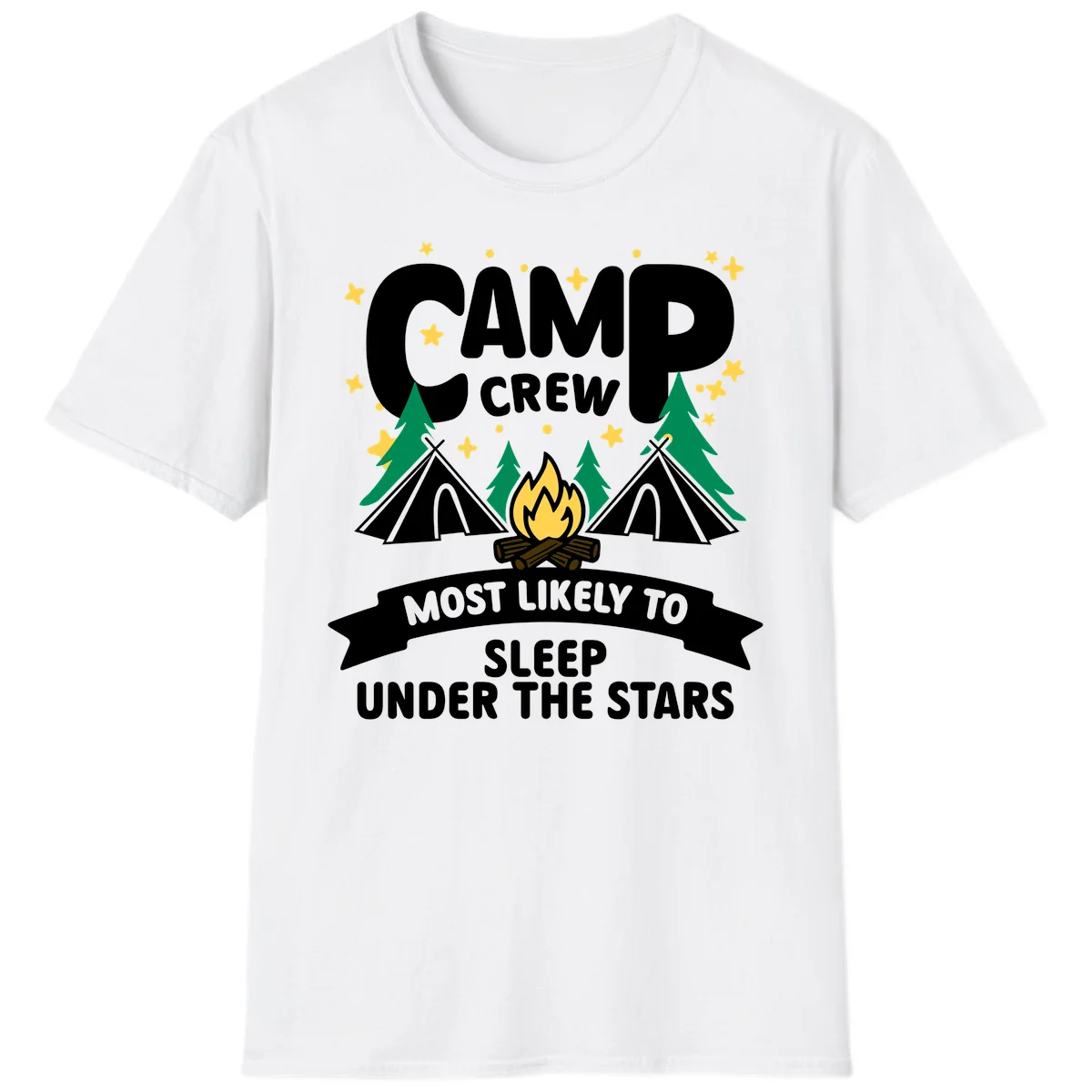 Camp crew campfire design with tents and stars. Text reads 'Most Likely To Sleep Under The Stars' in White