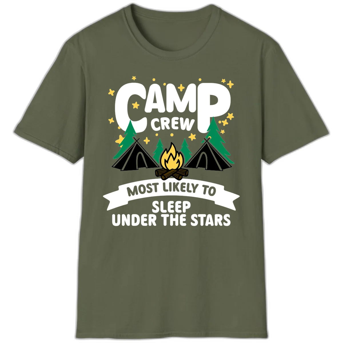 Camp crew campfire design with tents and stars. Text reads 'Most Likely To Sleep Under The Stars' in Military Green