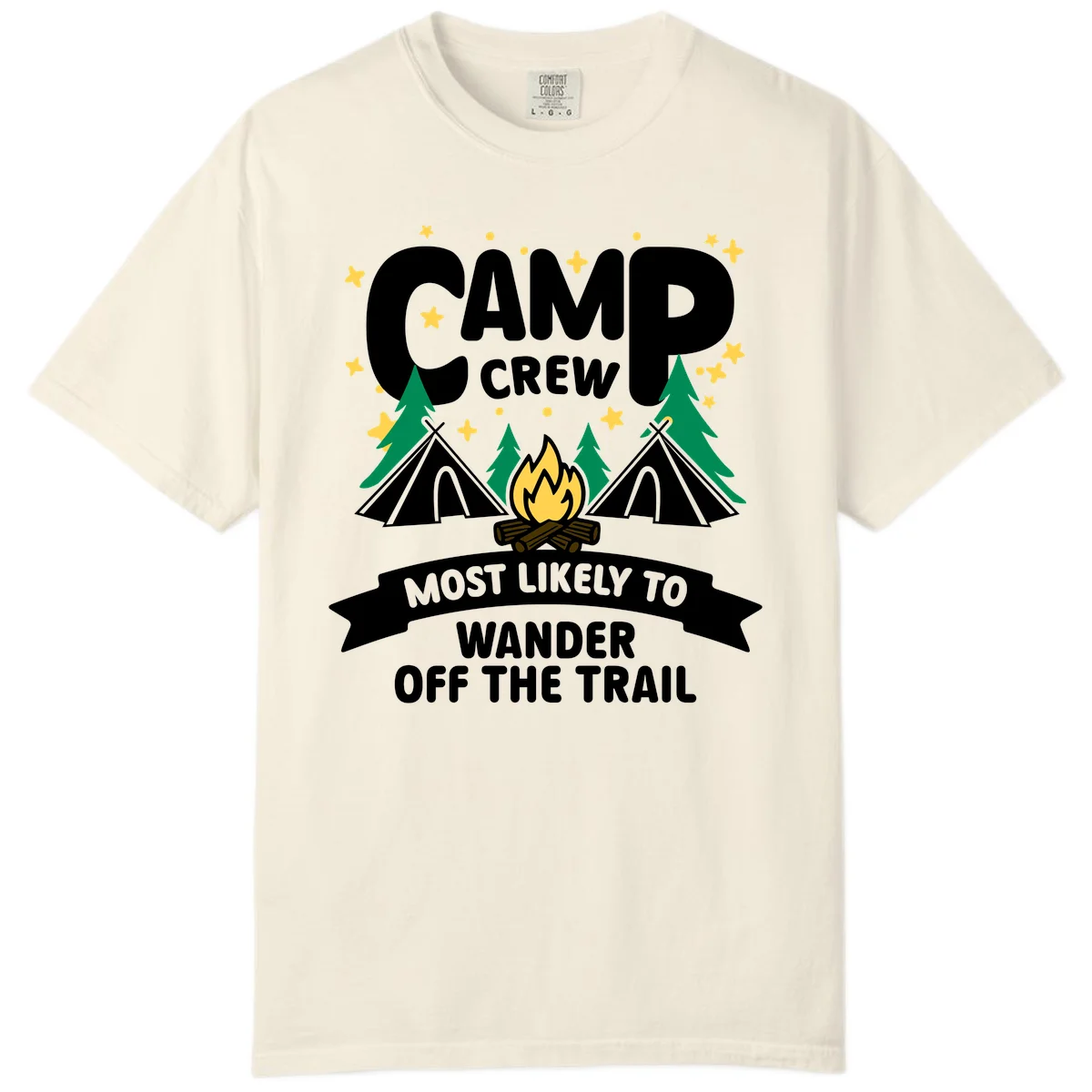 Camp crew wander off trail design with campfire, teepees, trees, and stars on gray background in Ivory