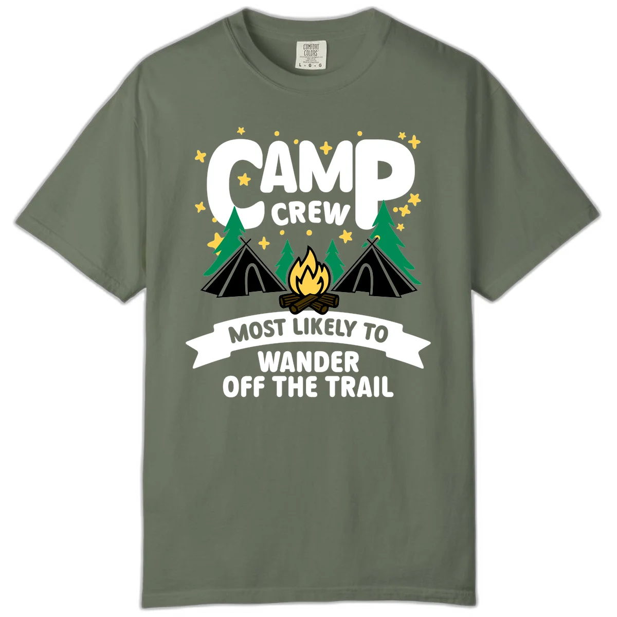 Camp crew wander off trail design with campfire, teepees, trees, and stars on gray background in Moss
