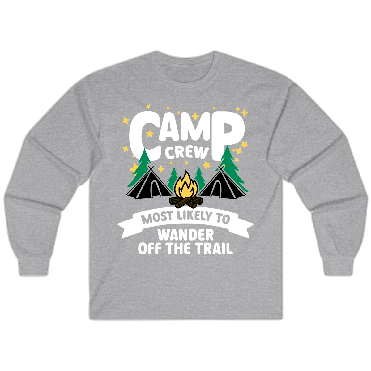 Camp crew wander off trail design with campfire, teepees, trees, and stars on gray background in Sport Grey
