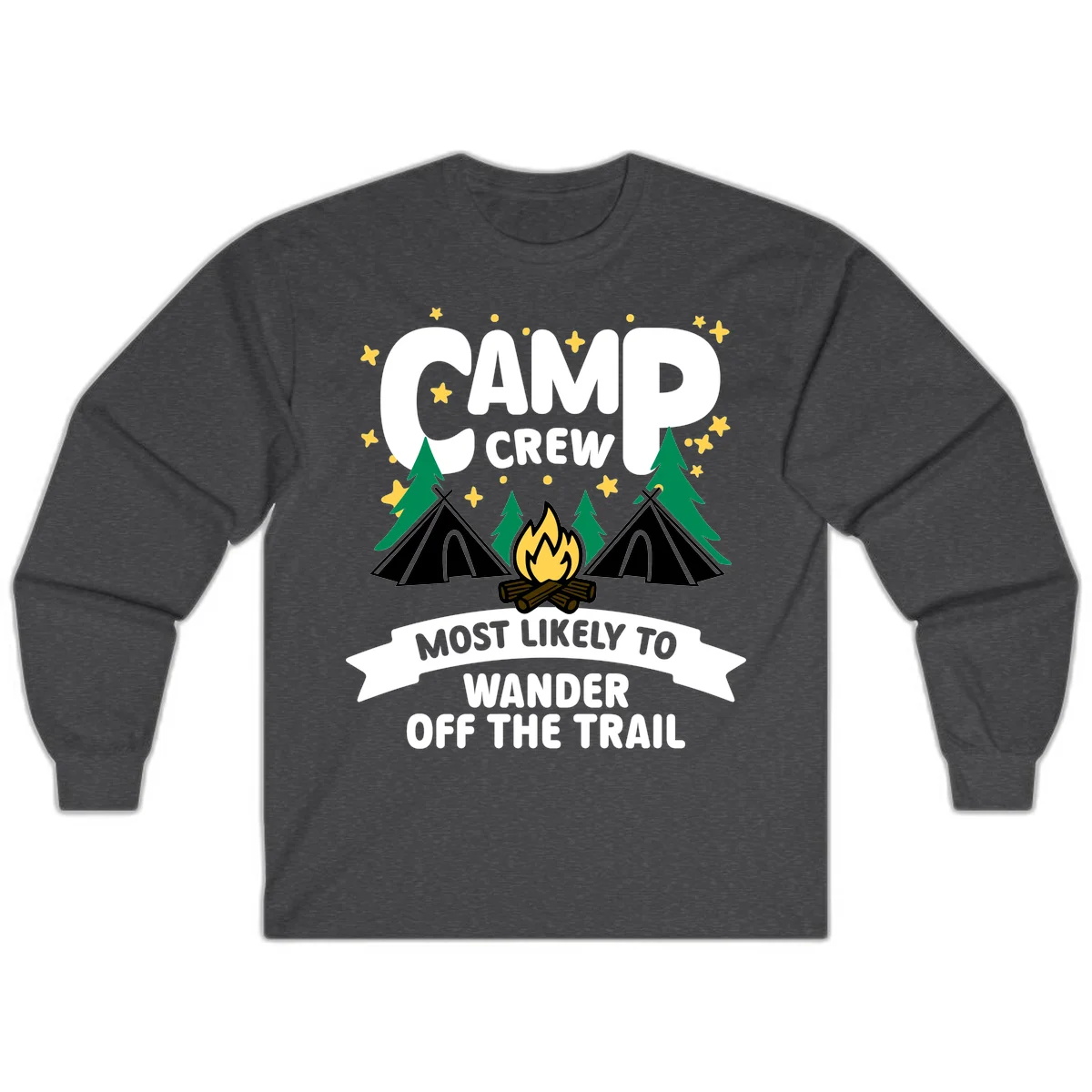 Camp crew wander off trail design with campfire, teepees, trees, and stars on gray background in Dark Heather