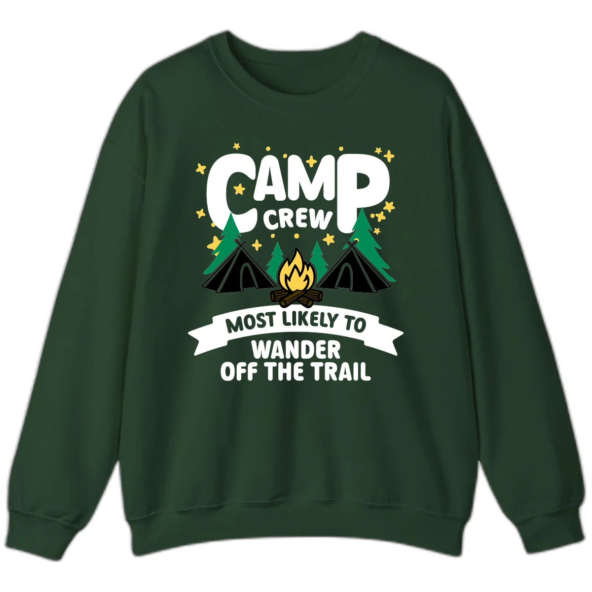 Camp crew wander off trail design with campfire, teepees, trees, and stars on gray background in Forest Green