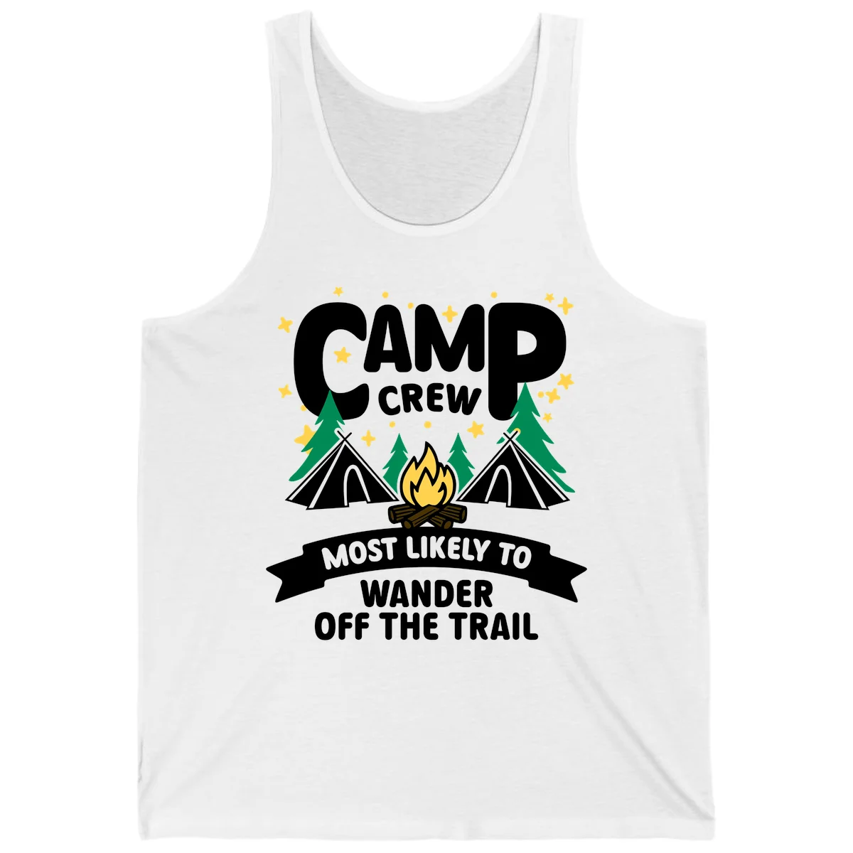 Camp crew wander off trail design with campfire, teepees, trees, and stars on gray background in White
